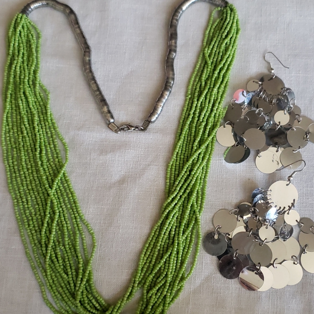 Lime green bead necklace,silver fishscale earrings